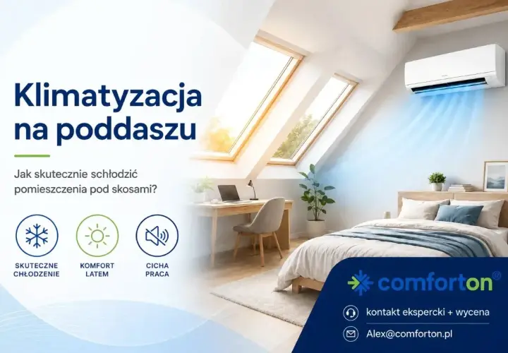 Klimatyzacja na poddaszu zapewnia komfortowy chłód latem. Cicha praca urządzenia nie przeszkadza w odpoczynku.