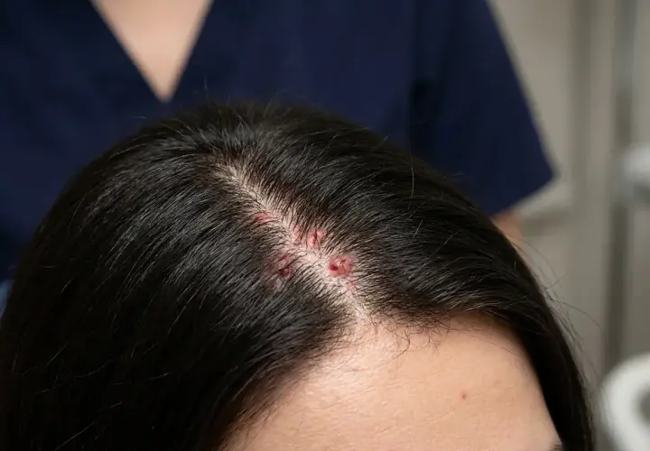 Lesiones rojas y con costra en el cuero cabelludo, indicativas de foliculitis.