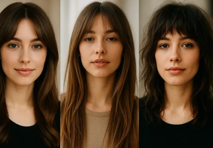 Tres retratos de mujer mostrando diferentes tipos de flequillo: liso, desfilado y con capas.