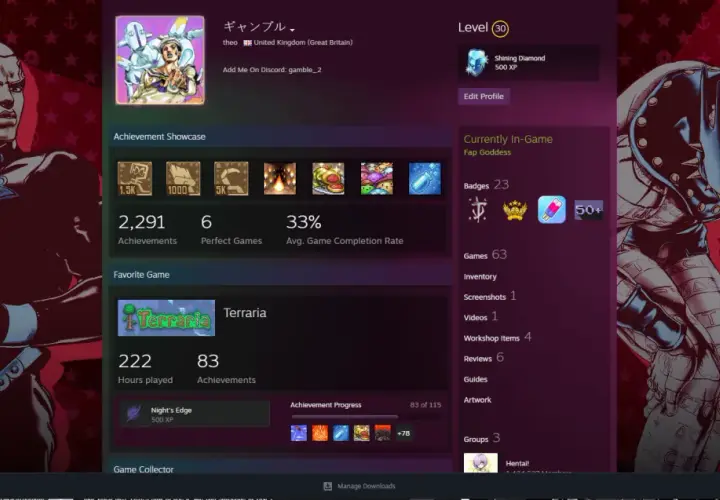 Profil gracza Steam z osiągnięciami, ulubioną grą Terraria i odznaką "Shining Diamond". To pokazuje, co to są karty Steam, które można zdobywać i wymieniać.