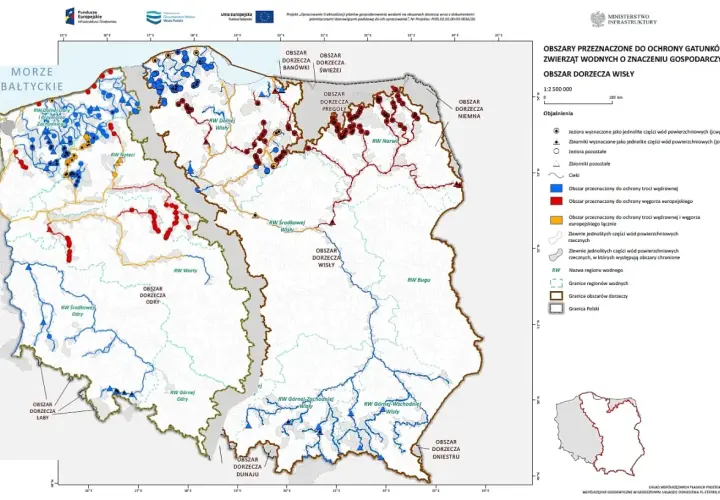 Mapa przedstawia obszary wodne w Polsce, które są rezerwatami przyrody dla gatunków zwierząt wodnych.