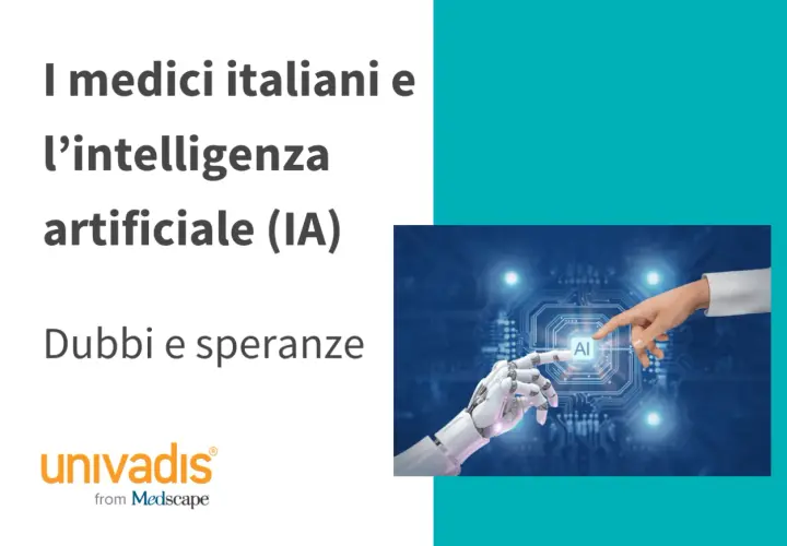 Medici italiani e intelligenza artificiale in medicina: un'immagine che simboleggia la collaborazione tra mano umana e robotica, con il logo Univadis.