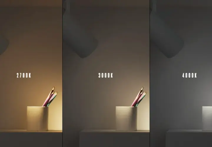 ¿Qué luz es mejor para estudiar? Tres tonos de luz (2700K, 3000K, 4000K) iluminan lápices en un portalápices, mostrando el efecto de cada uno.