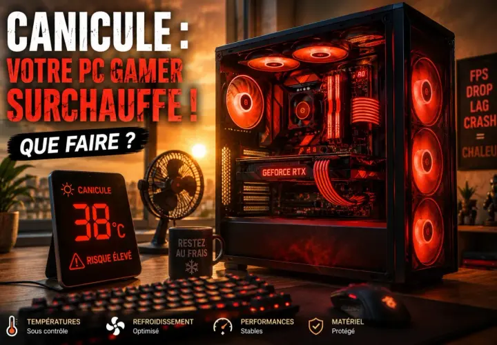 Un PC gamer rougeoyant surchauffe. Un thermomètre affiche 38°C. Conseils pour l'entretien de votre PC gamer en cas de canicule.