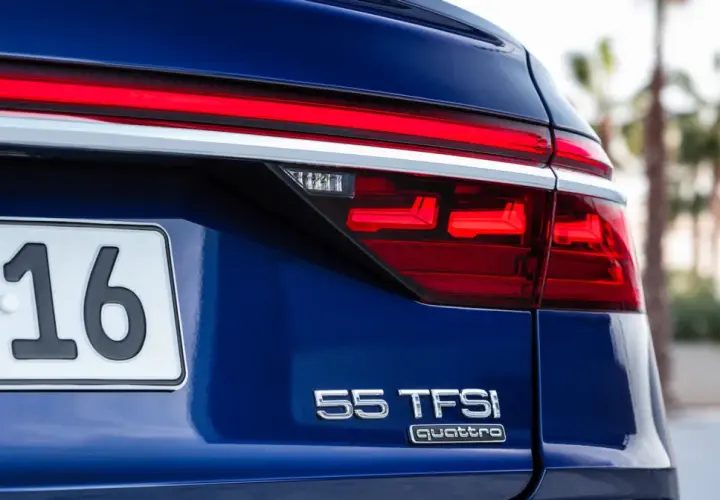 Niebieskie Audi z oznaczeniami silników 55 TFSI quattro.