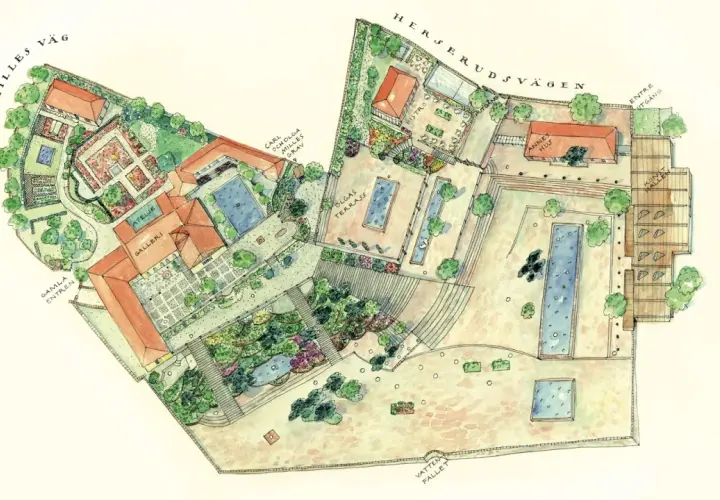 Akvarellkarta över Carl Milles Gård med trädgårdar, dammar, byggnader som galleri och ateljé, samt terrasser.
