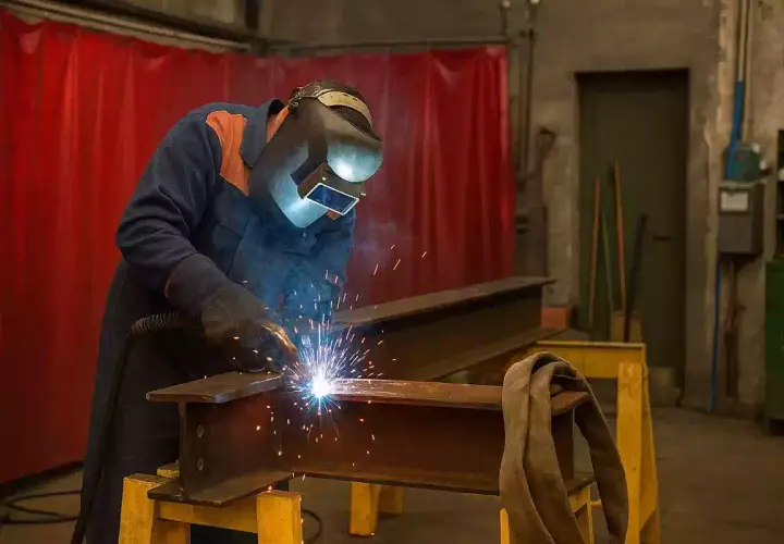 Spawacz w masce ochronnej pracuje przy stanowisku spawalniczym, tworząc jasny łuk elektryczny i iskry na metalowych belkach.
