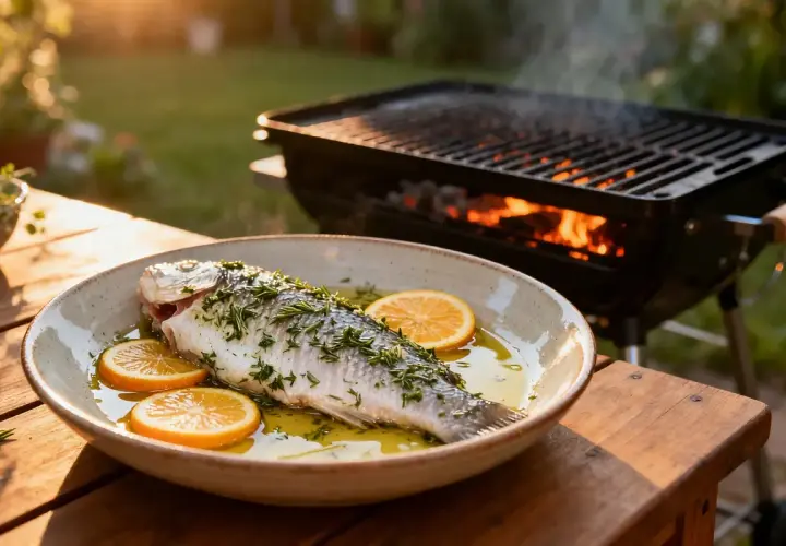 Poisson entier prêt pour le barbecue, baignant dans une marinade savoureuse avec des rondelles d'orange et des herbes. Le gril rougeoie en arrière-plan.