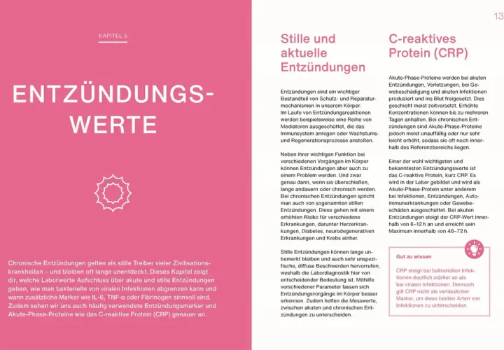 Kapitel 5 erklärt Entzündungswerte, darunter das C-reaktive Protein (CRP), ein wichtiges kleines Blutbild für Leberwerte und Entzündungen.