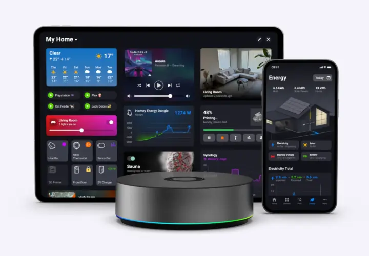 Dispositivo central para el hogar inteligente, mostrando cómo funciona Zigbee en una interfaz intuitiva de tablet y móvil.