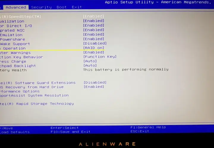 BIOS-Einstellungen zeigen SATA Operation auf RAID on, was für die Konfiguration von SATA-Geräten im RAID-Modus wichtig ist.