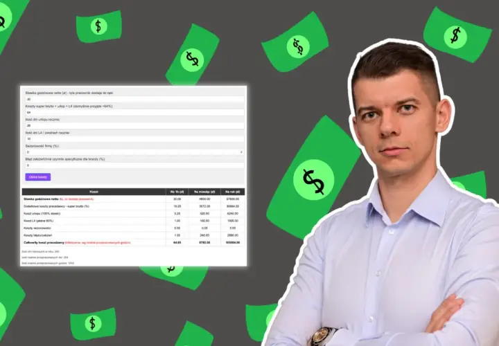 Mężczyzna z kalkulatorem kosztów pracy. Dowiedz się, jak wycenić swoją pracę, analizując koszty brutto, urlopu i L4.