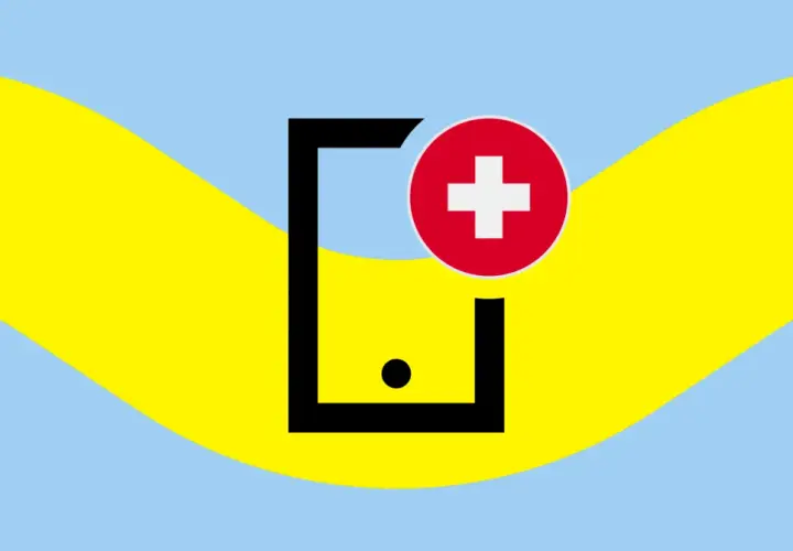 Symbol telefonu z czerwonym kółkiem i białym krzyżem, na tle falujących pasów żółtego i błękitnego. Idealny do opisu roamingu w UE.