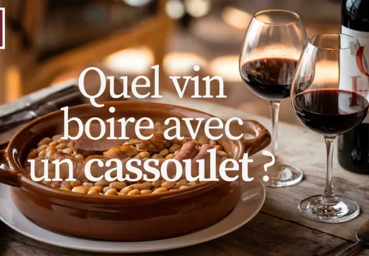 Un plat de cassoulet fumant, deux verres de vin rouge et une bouteille. La question se pose : quel vin boire avec un cassoulet ?