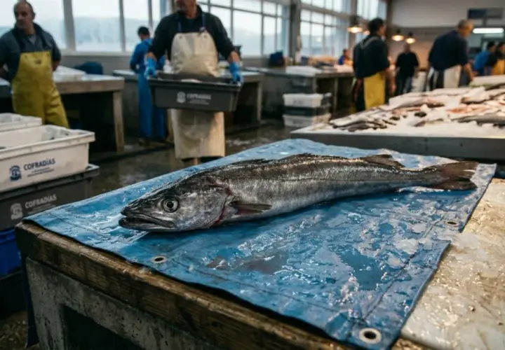 Un gran pez yace sobre un mantel azul en una lonja. Hombres con delantales trabajan en el fondo, rodeados de cajas y pescado fresco. La escena evoca la actividad de la enmalle pesca.