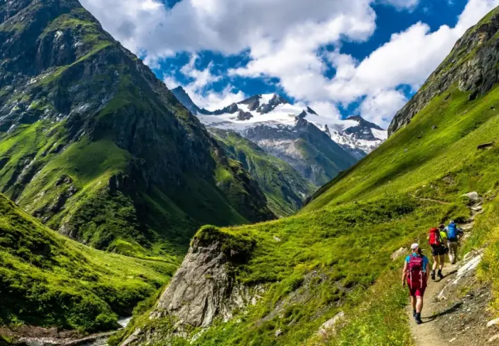 Hikers on a trail enjoying alpine hiking amidst lush green mountains and snow-capped peaks under a cloudy blue sky.