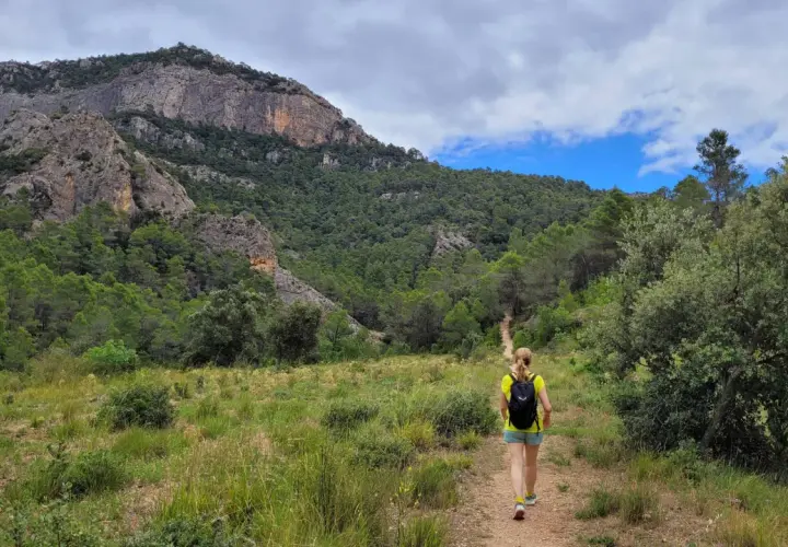 Senderista camina por un sendero en los **estrets d'Arnes**, rodeada de pinos y montañas rocosas bajo un cielo nublado.