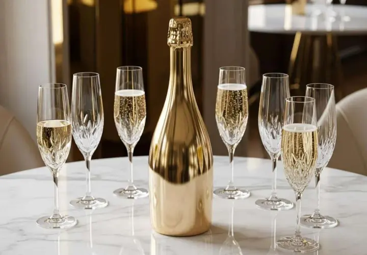 Une bouteille dorée de crémant entourée de verres pétillants. Combien de verre dans une bouteille de crémant ? 7 verres sont prêts à être remplis.