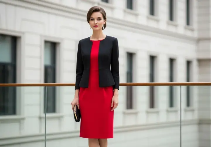 Elegancka kobieta w czerwonej sukience i czarnej marynarce. Idealny przykład, jaki garnitur do czerwonej sukienki na specjalne okazje.