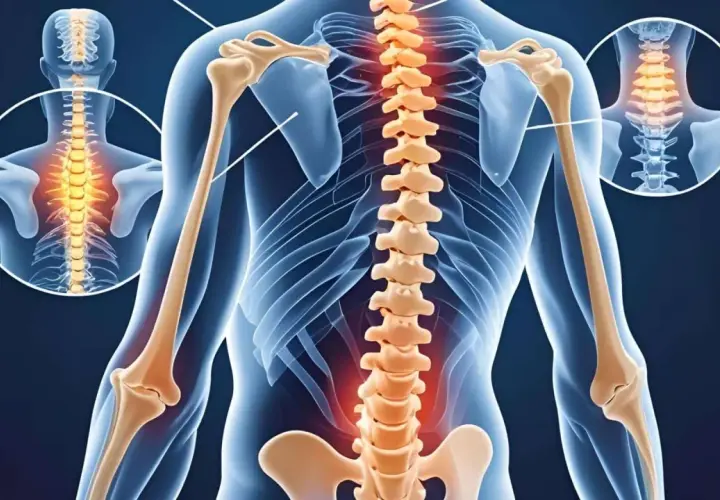 Anatomia człowieka z podświetlonym kręgosłupem, wskazującym na zwyrodnienie kręgosłupa. Widoczne zbliżenia na odcinek szyjny i lędźwiowy.