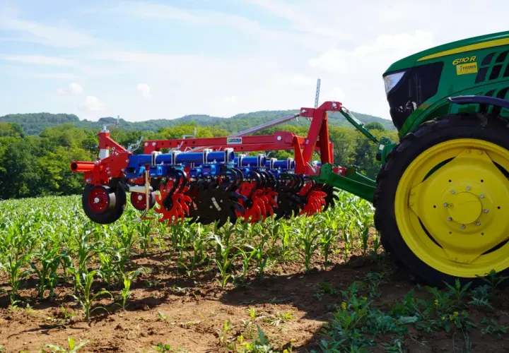 Moderner Grubber für die Landwirtschaft im Einsatz, der den Boden zwischen jungen Maispflanzen lockert.