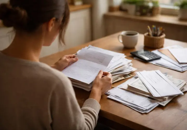 Une femme examine des documents, peut-être des factures ou des relevés, sur une table en bois. Une pile de papiers, une calculatrice et une tasse de café sont visibles. Elle semble préoccupée par la situation financière, craignant un possible forclos.