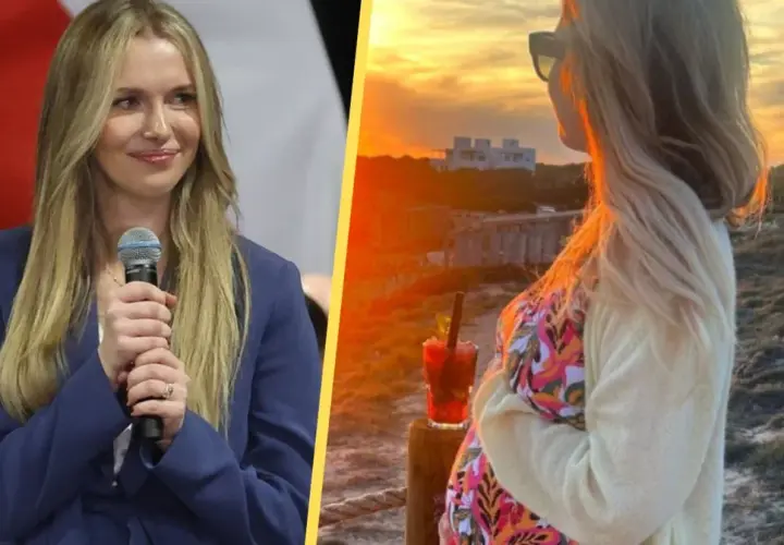 Andrzej Wierzbicki z żoną i dziećmi cieszy się zachodem słońca. Kobieta w ciąży z drinkiem na plaży.