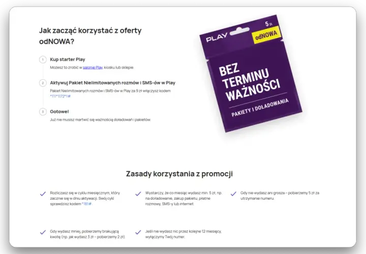 Karta Play "odNOWA" bez terminu ważności konta. Aktywuj pakiet za 9 zł, by cieszyć się rozmowami i SMS-ami bez limitu.