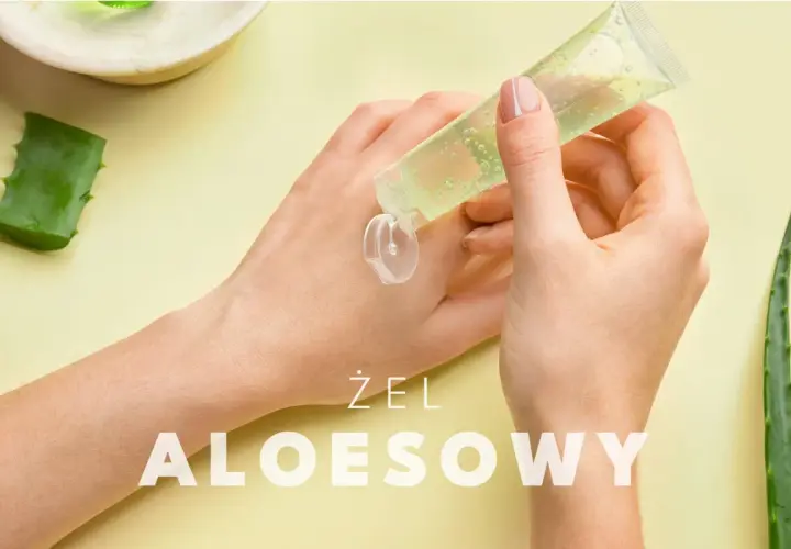 Delikatny żel aloesowy na skórę głowy, aplikowany z tubki na dłoń. Wokół liście aloesu.