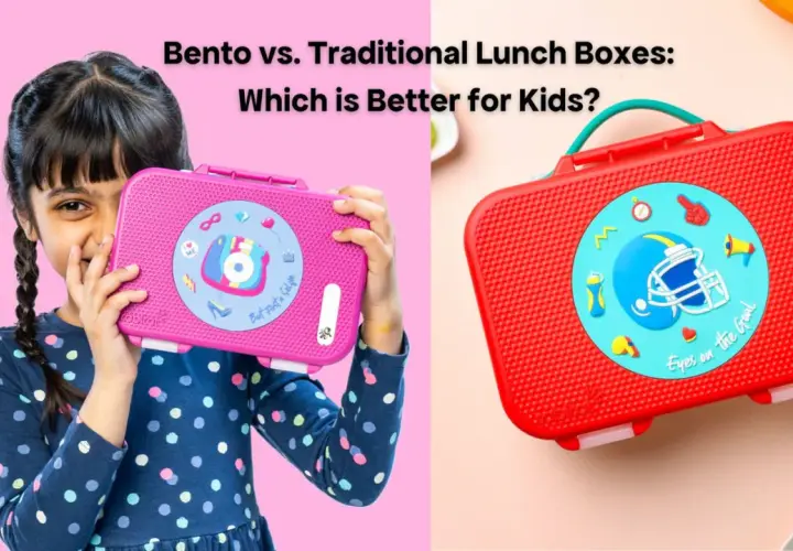 A girl holds a pink bento box with camera graphics. A red lunch box with a football helmet is beside it. Bento vs. lunch box comparison.