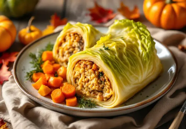 Deux roulés de chou farci, garniture savoureuse, servis avec des dés de carottes et des herbes. Une belle idée pour une recette chou farci d'automne.