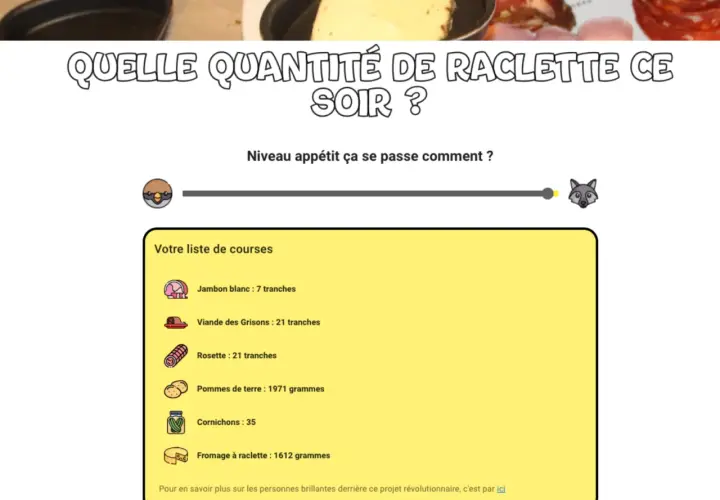 Liste de courses pour une raclette pour 15 personnes : jambon, viande, rosette, pommes de terre, cornichons et 1,6kg de fromage.
