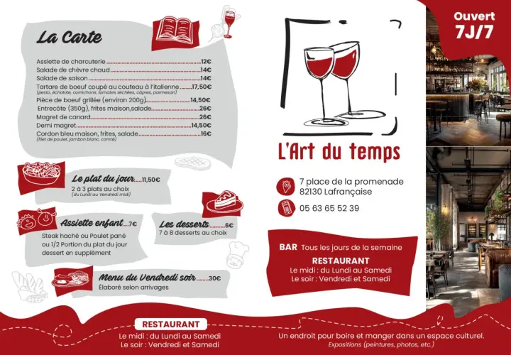 Voici comment présenter un menu : une carte avec des plats comme le magret de canard, le tartare de bœuf, et des formules comme le plat du jour ou le menu du vendredi soir.