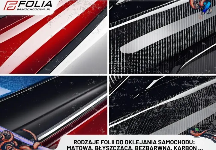 Przykłady folii na auto: czerwono-białe pasy, karbon, czarny połysk i matowy karbon. Różne kolory i faktury do oklejania aut.