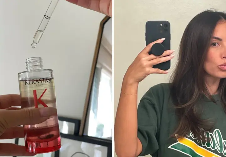 Duda sobre Kerastase opiniones negativas. Una mano sostiene un frasco de serum capilar Kérastase, mientras otra se toma un selfie con cabello largo y oscuro.
