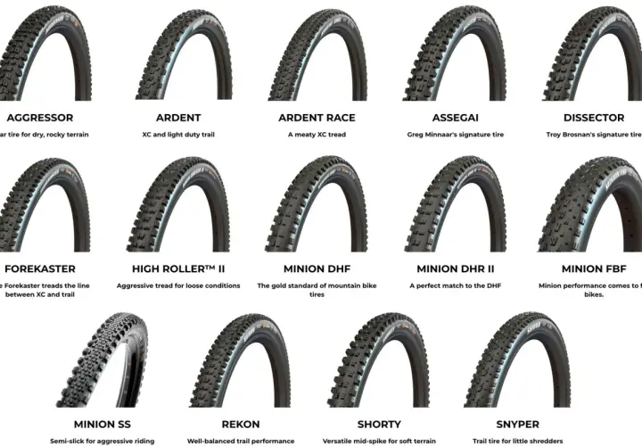 Maxxis MTB tire chart showcasing various models like Aggressor, Ardent, Minion DHF, and more, each with a brief description for terrain suitability.