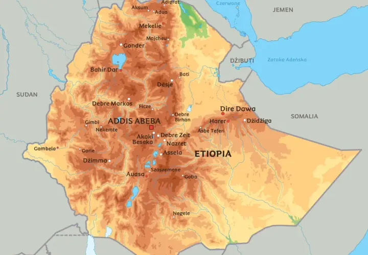 Mapa polityczna Etiopii z zaznaczonymi miastami i sąsiadującymi krajami, pokazująca gdzie leży Etiopia.