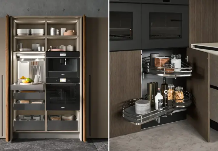 Moderna dispensa cucina in cartongesso con elettrodomestici integrati e pratici cestelli girevoli per organizzare al meglio.