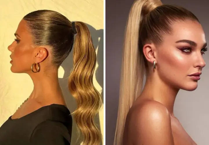 Coleta alta invitada boda: dos estilos pulidos y elegantes, uno con ondas suaves y otro liso y brillante.