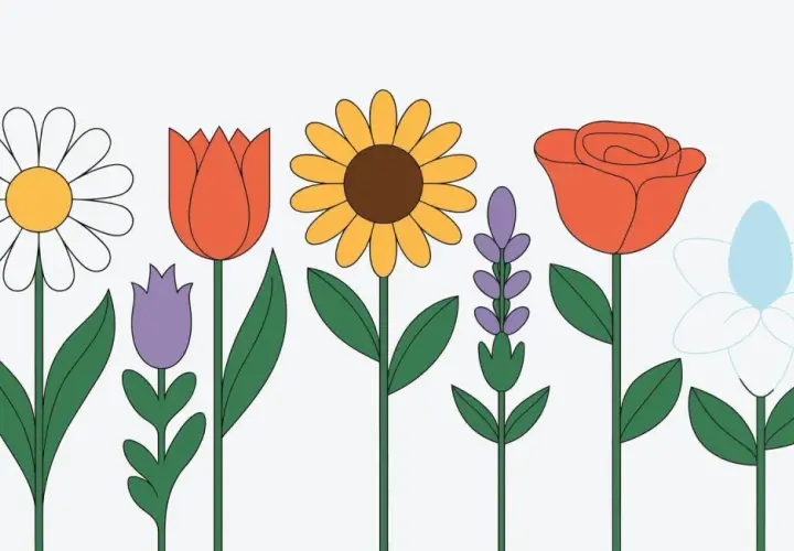 Ilustracja z kolorowymi kwiatami: stokrotka, tulipan, słonecznik, lawenda, róża i niezapominajka.