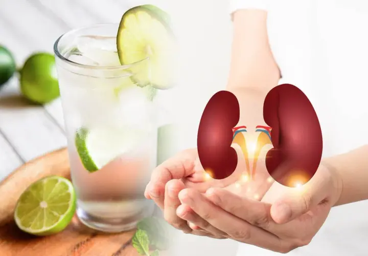 Vaso de agua con limón y rodajas, junto a manos que sostienen riñones. Considera las contraindicaciones del agua con limón.