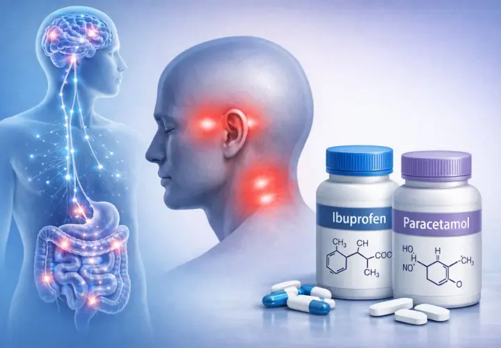 Cerebro y sistema nervioso con puntos de dolor en cabeza y cuello. Botellas de ibuprofeno o paracetamol para el dolor de cabeza.