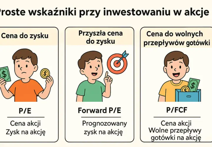 Ilustracja pokazuje wskaźniki inwestycyjne: P/E, Forward P/E i P/FCF. Dzieci trzymają pieniądze, symbolizując pkc, pcr, peg.