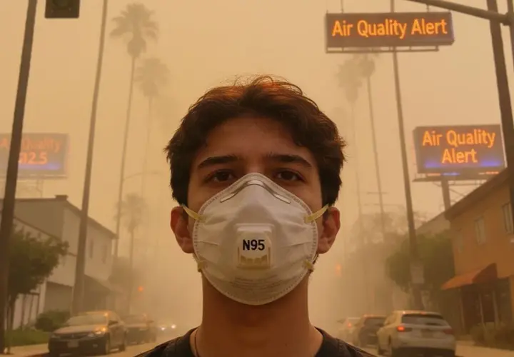 Joven con mascarilla N95 en día de alerta de calidad del aire. El **pm2.5 que es** un contaminante peligroso, se ve en el aire denso.