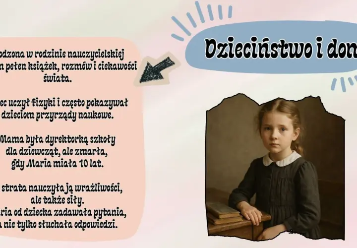 Portret młodej Marii Skłodowskiej w ciemnej sukience, siedzącej przy biurku z książkami.