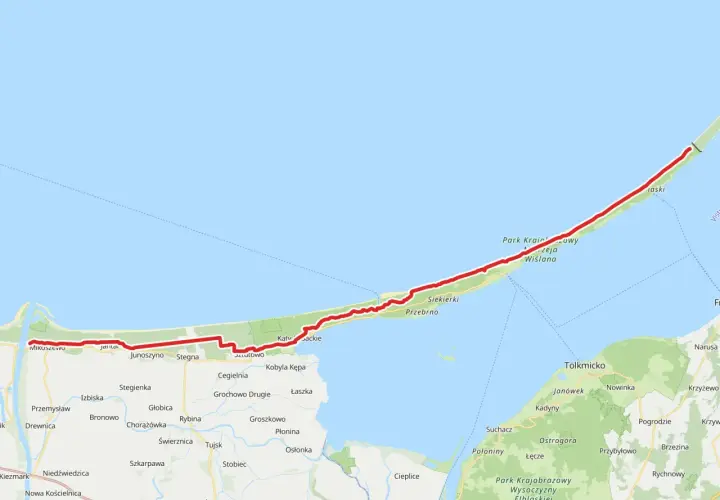 Trasa rowerowa wzdłuż Mierzei Wiślanej, od Mikoszewa po Piaski. Widoczne miejscowości: Stegna, Junoszyno, Kąty Rybackie, Piaski.