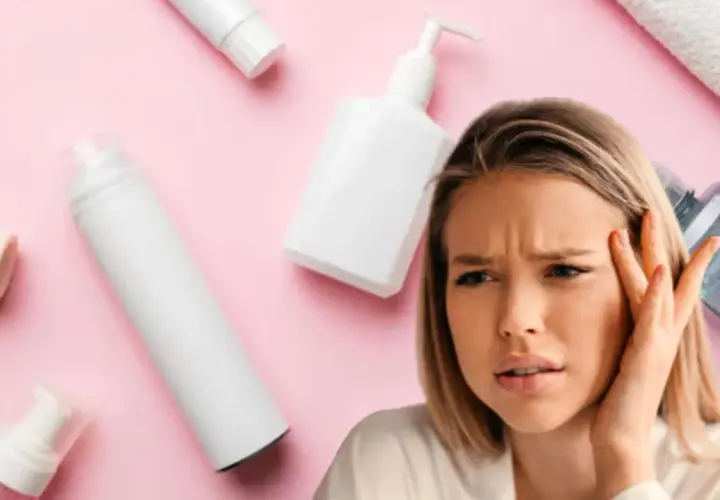 Mujer con expresión de duda rodeada de envases de cosméticos, algunos con diseño ondulado.