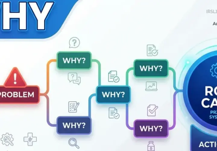 Metoda 5 why: od problemu do przyczyny systemowej. Schemat pokazuje kolejne pytania "dlaczego?" prowadzące do rozwiązania.