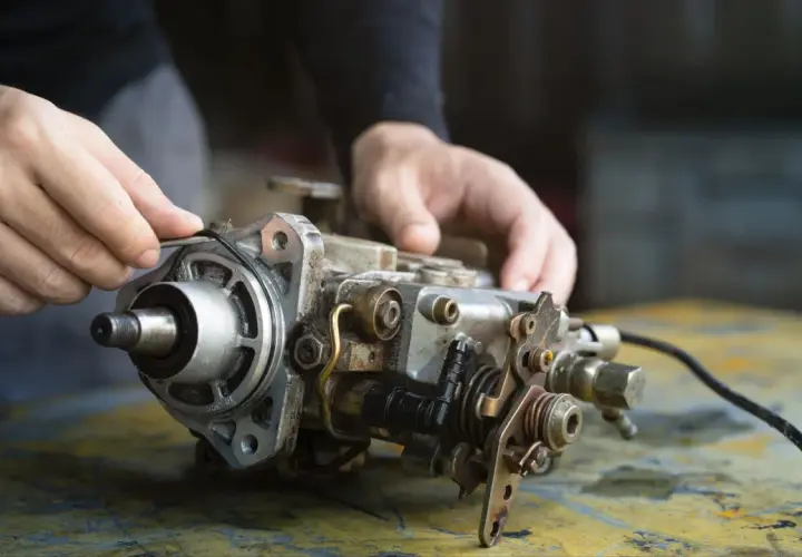 Man's hands work on a diesel injection pump. A mechanic's careful touch shows that it deserves to be fixed.