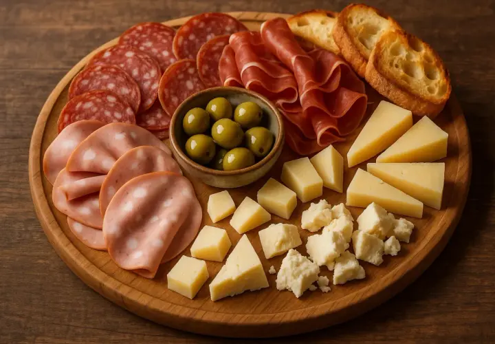 Un invitante tagliere salumi e formaggi con salame, prosciutto, mortadella, olive, formaggi misti e crostini.
